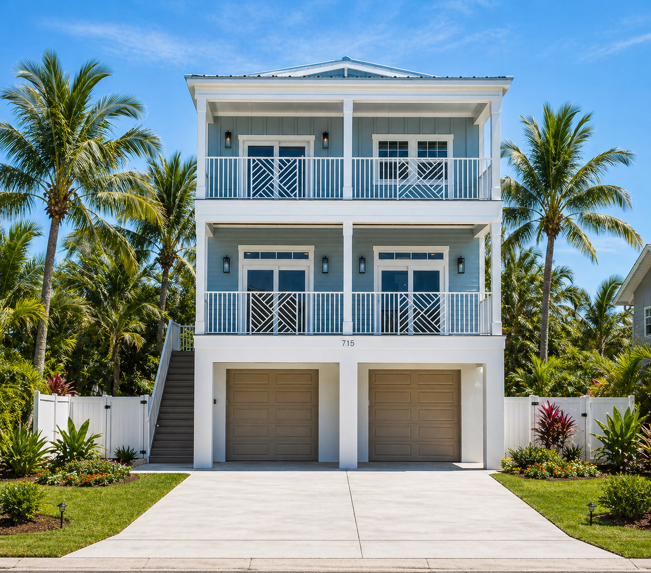 Modern coastal elevated home with palm trees, two-car garage, double balconies, and tropical landscaping, 4 bedroom 3.5 bath 1824 sq ft Battery Point floorplan
