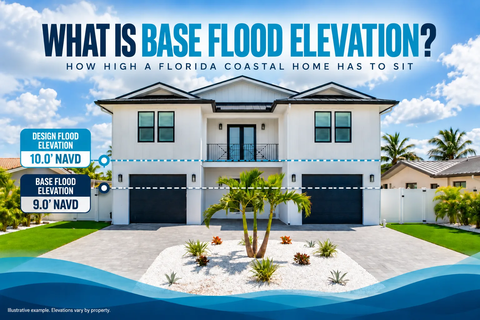 Elevated Florida coastal home with lines marking base flood elevation at 9.0 feet NAVD and design flood elevation at 10.0 feet NAVD