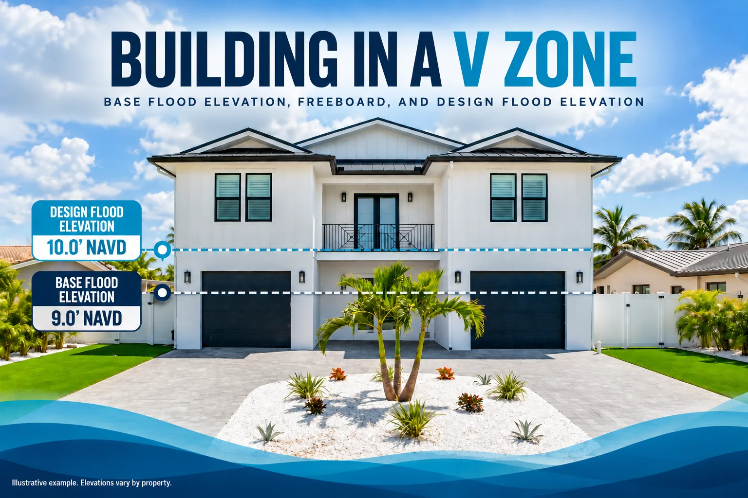 Elevated coastal home in a Florida V zone with lines marking base flood elevation at 9.0 feet NAVD and design flood elevation at 10.0 feet NAVD