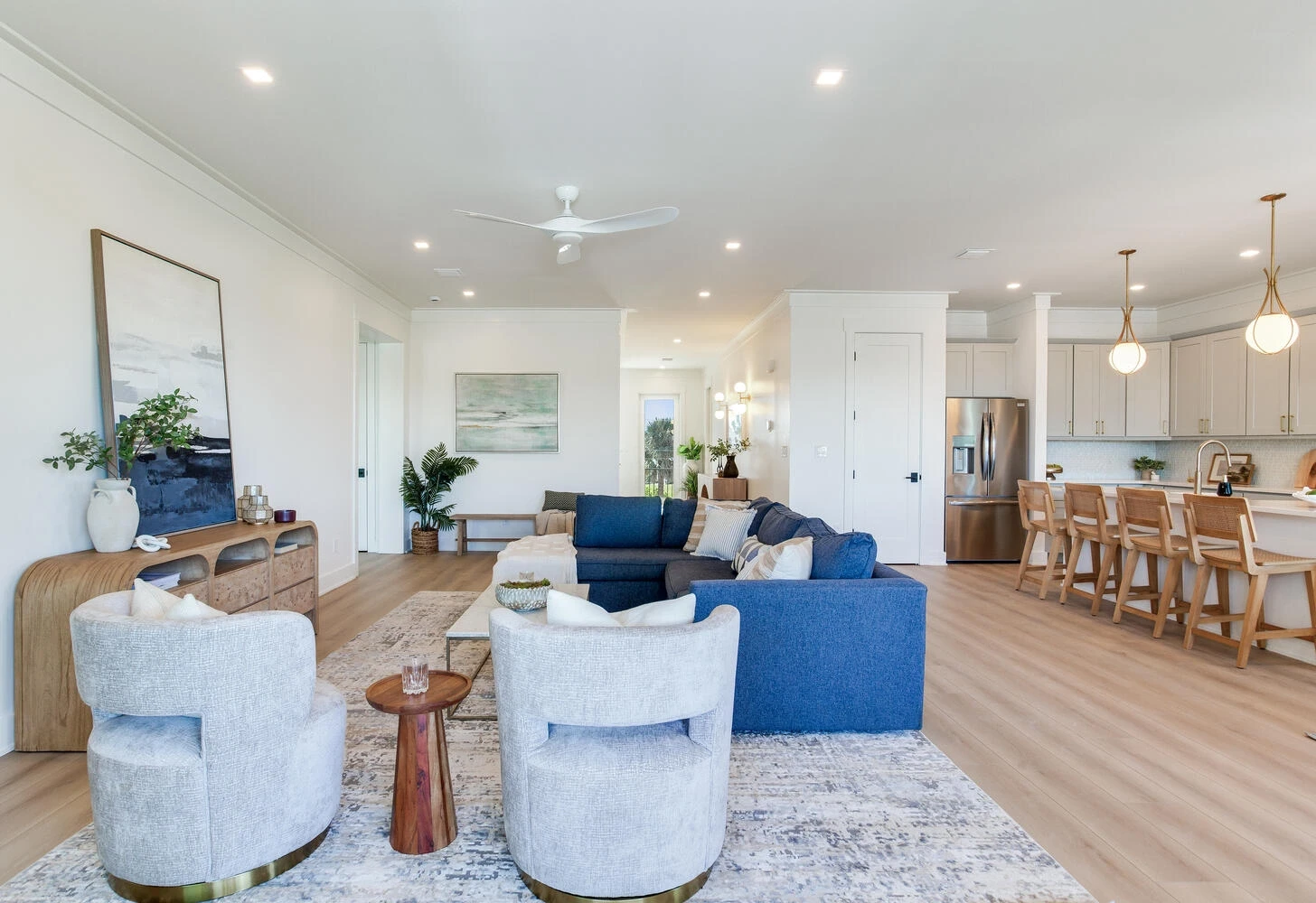 Wide view of an open living and dining area in a Seasafe elevated coastal home